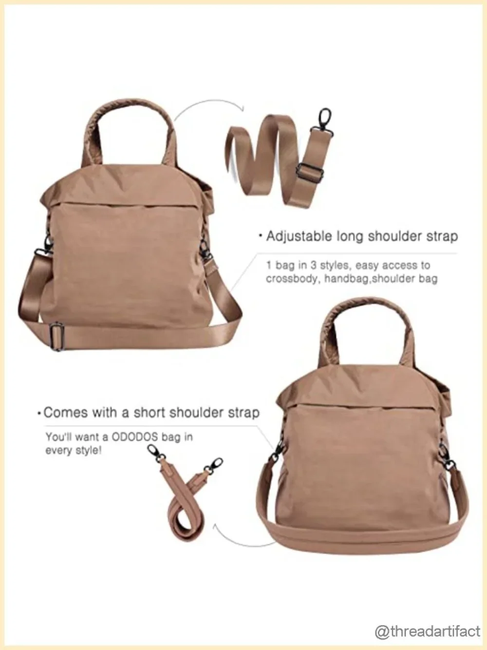 Hobo Tote with 2 Straps, Water Repellent Nylon, Crossbody Shoulder Bag